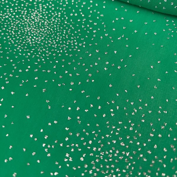 Catalogo tessuti 9 Tulle elasticizzato floccato glitter verde disegno polvere di stelle