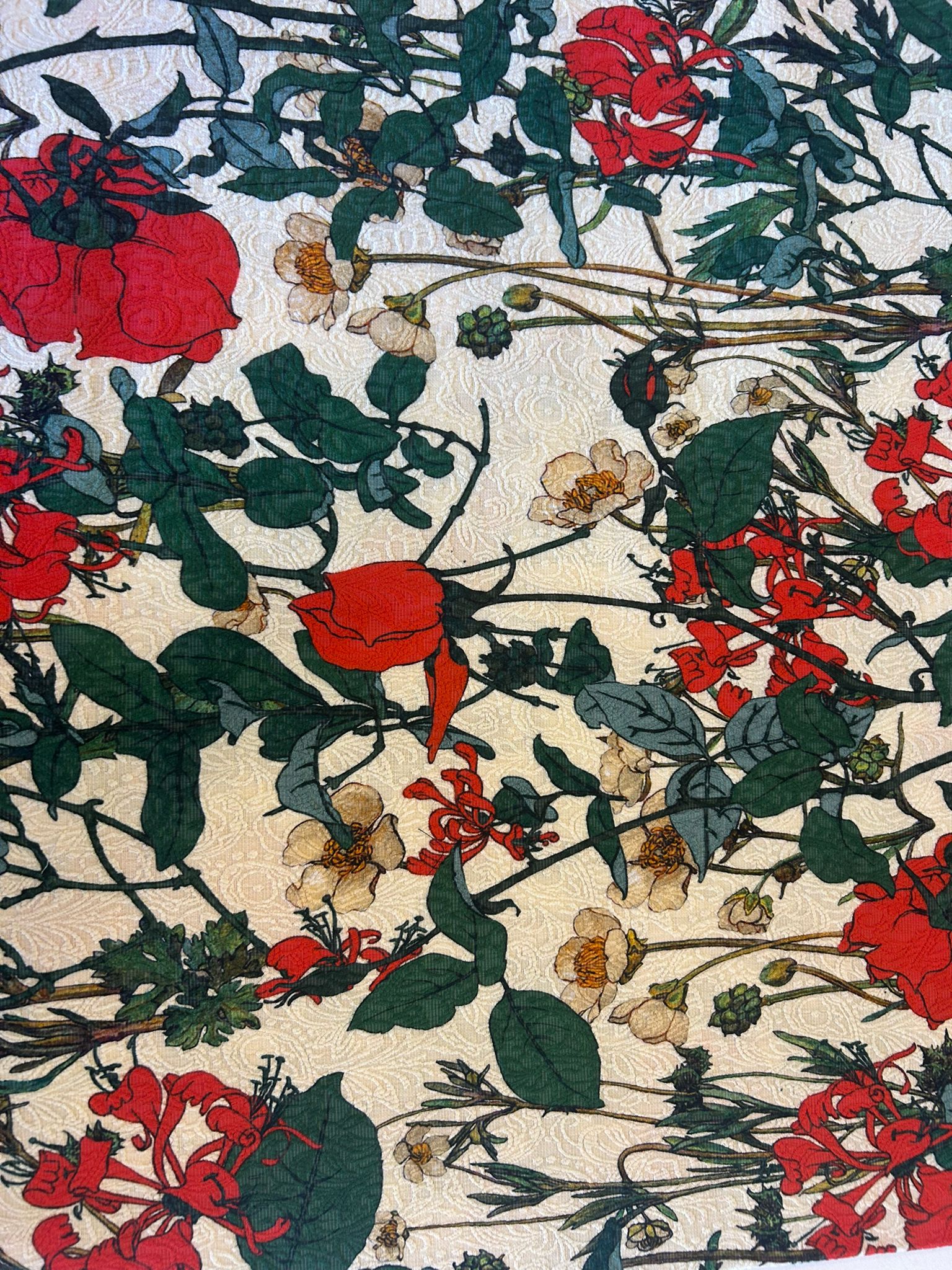 Bouclè cotone stampato fantasia fiori stilizzati papaveri e madre selva 1 stampato fantasia fiori stilizzati