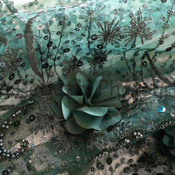Tulle ricamato fiore piccolo verde bosco